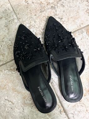 Free People Black Beaded Pointed-Toe Slip-On Mules